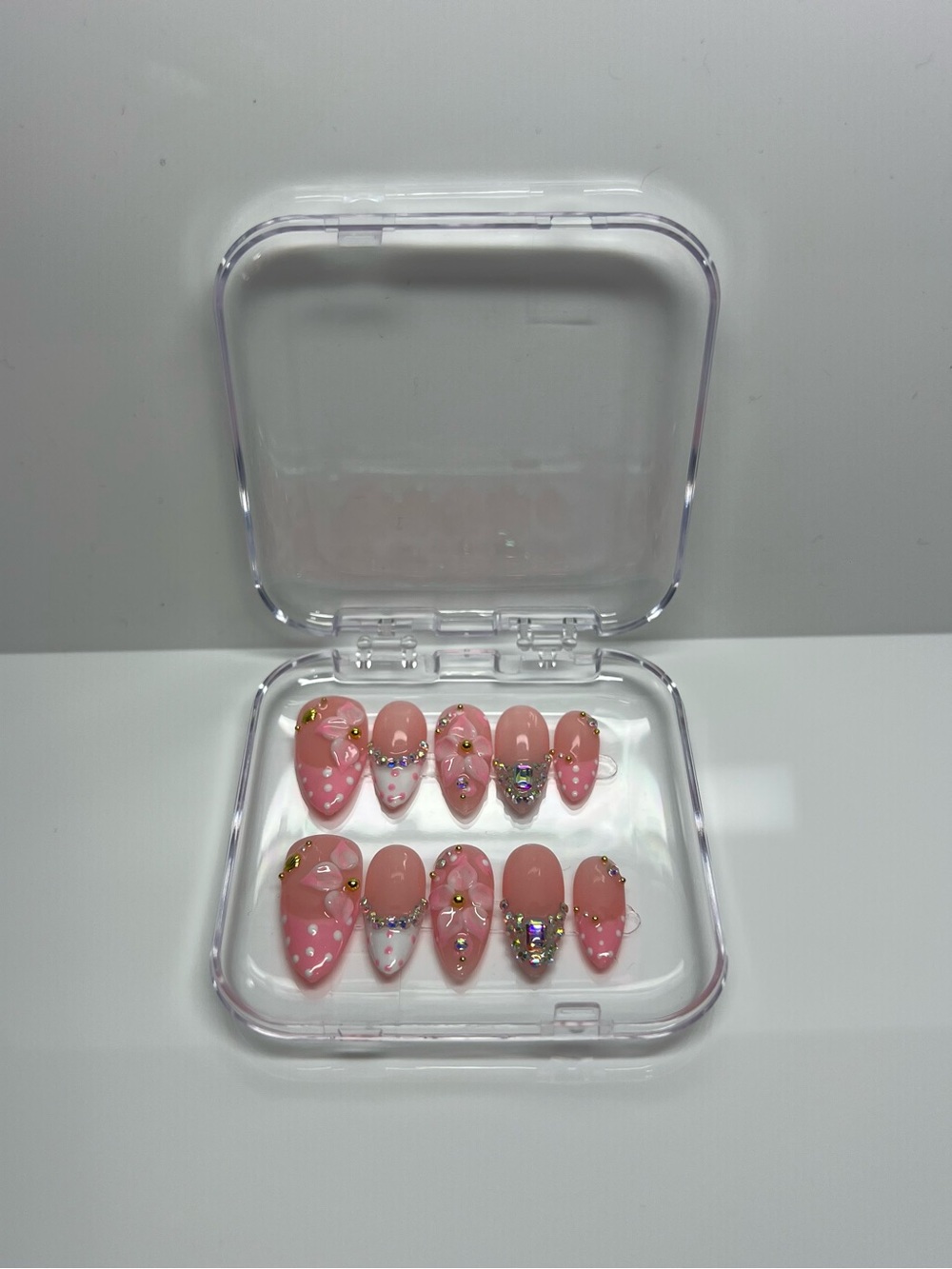 Handmade Pink Blossom 3D Flower Rhinestone Press-On Nails - Picture 3 of 5